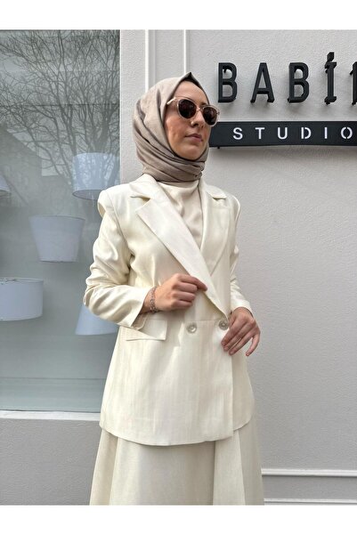 QOOQ STORE Fabric Detailed Pearl Women's Suit Ecru