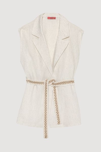 Quzu Stripe Detailed Vest Kimono Ecru