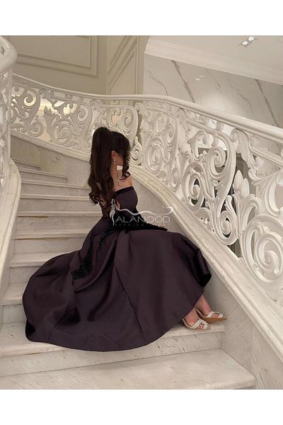 ALANOOD FASHION Elegant design evening dress with a puffy sleeve made of Mikado fabric