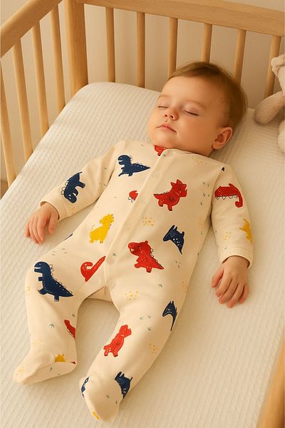 Minytrendy Newborn Baby Boy Jumpsuit Dinosaur Patterned Jumpsuit with Snap-On Booties Hospital Release Baby Gift