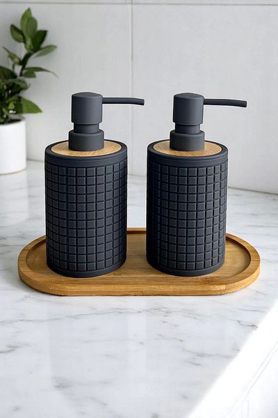 Tilbe Home Set of 2 Retro Style Liquid Soap Dispenser Set 500ml Kitchen Bathroom Square Figured Hands Dishes Set with Bamboo Stand