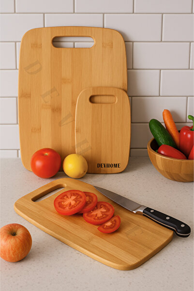 devhome Bamboo Cutting Board Set of 3 – Natural Wood, Ergonomic Grip Handle, ...