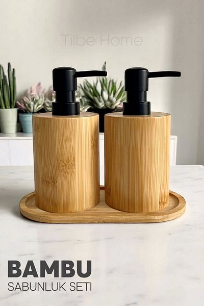 Tilbe Home Σετ 2 μπαμπού δοσομετρητή σαπουνιού Hands Dishes Κουζίνα Μπάνιο Δοχείο υγρού σαπουνιού 500ml Φυσικό Σετ Μπαμπού με Ρετρό Σετ