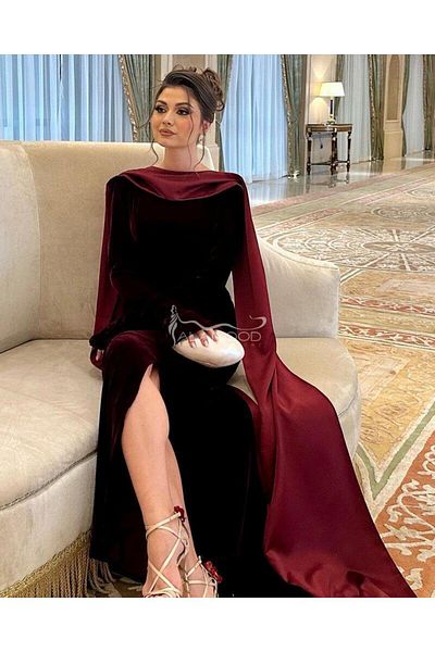 ALANOOD FASHION Winter velvet dress in burgundy color with elegant sleeves