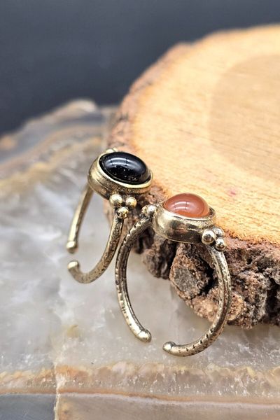 NBS Beautiful Naturel Stones Pure Copper 2 Pieces Adjustable Ring Combination Agate Gorgeous Colors Quality Elegant Gift