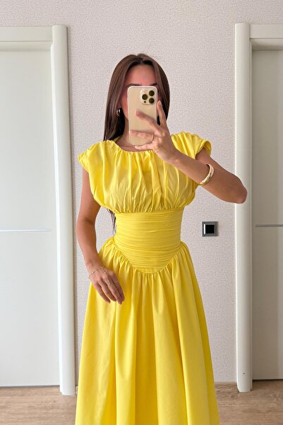 FMN Butik pinterest muadil geniş çan etek bele oturan midi tasarım şık yazlık kısa kollu uzun drapeli elbise