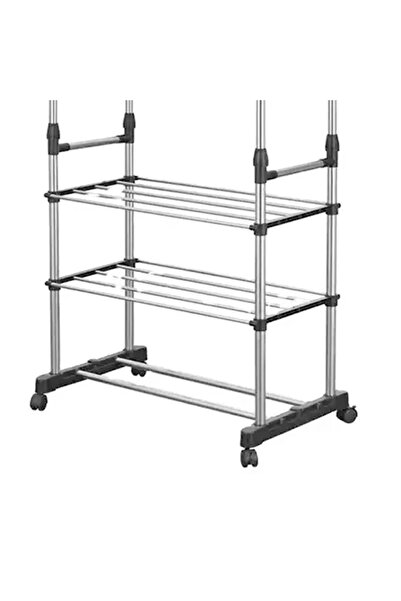 Un Portable and adjustable clothes rack with multiple storage shelves - the perfect solution for organizing clothes at home