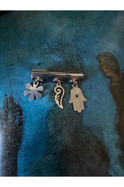 LAİKA 3-Piece Steel Italian Bracelet Charm Clover-Feather-Fatma Ana Kararmaz