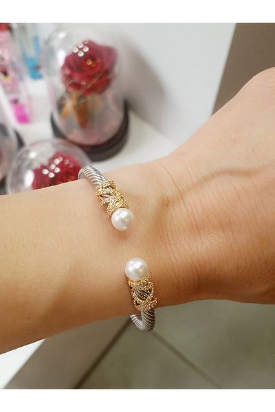 MODA Women's Tarnish Steel Bun Pearl Headband Stone Bracelet - Stylish Design |   Bujimori.