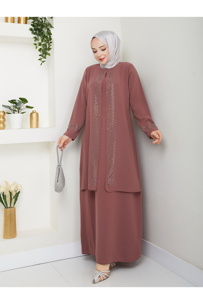 KMKkombin ANNE MODEL TAM BOY RAHAT KALIP ŞERİT DESENLİ TAŞLI KADIN ELBİSE 2024