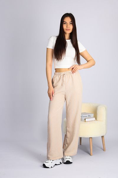 schlank Stone Waist Adjustable Striped Pockets Wide Leg Linen Women's Pants S