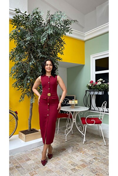 Nida Boutique Sıfır Kol Düğme Detaylı Elbise