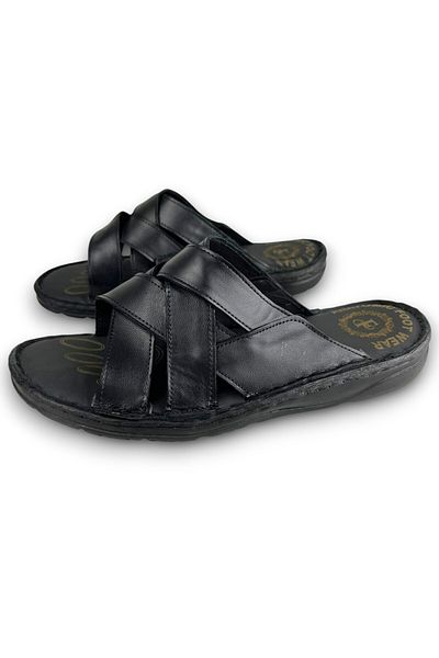 Waresta Black Outside Genuine Leather Orthopedic Sole Men's Slippers R741