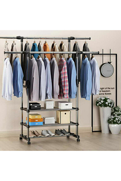 Un Portable and adjustable clothes rack with multiple storage shelves - the perfect solution for organizing clothes at home