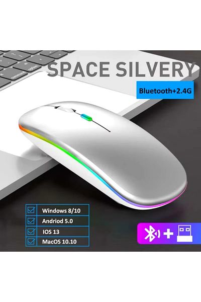 ABYZ Wireless RGB Gaming Mouse Bluetooth 5.1 & 2.4GHz USB Charging Silent Ergonomic Adjustable DPI Silver
