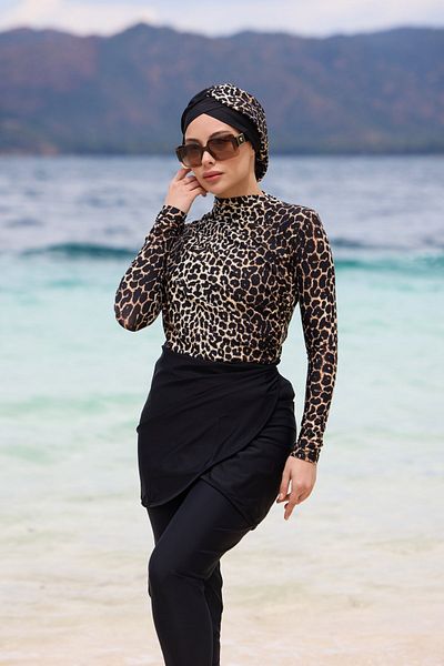ns tasa Σετ μαγιό Serengeti Model Leopard Pattern με φούστα και πλαϊνό σχέδιο Lycra Design Hijab