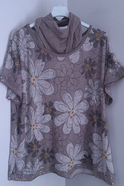 AYASOFYA OTANTIK Women's Italian Mink Scarf Chrysanthemum Patterned Sleeves and Hem Sequined Loose Blouse