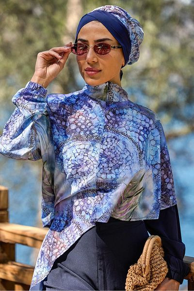 ns tasa Cape Model Blue Garden Pattern Design Hijab Jumpsuit Swimsuit