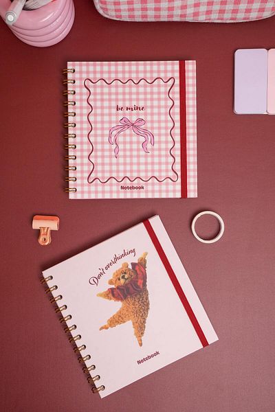 Matt Notebook 15x15 cm Τετράγωνο Σετ 2 Σπιράλ Ριγέ Αχρονολόγητο Σημειωματάριο Gingham Teddy Bear