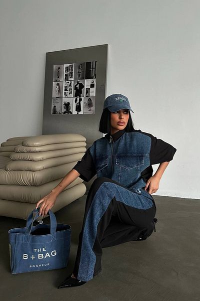 Bliss Set de trening negru pentru femei, cu design modern de vară, cu blugi, cu fermoar, cu mânecă scurtă, cu fundul oversize