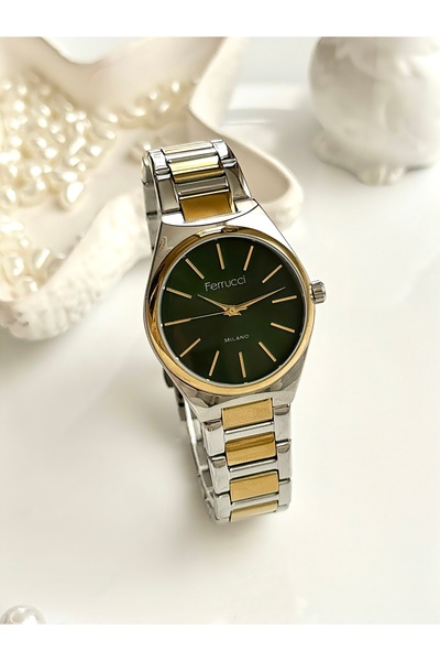 Ferrucci FERRUCCİ-(GOLD&GÜMÜŞ) yeşil iç kadran kadın kol saati