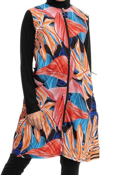 LEOMA Fully Covered Water Repellent Quick Drying Side Adjustable Zippered Patterned Hijab Swimsuit