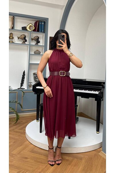 Nida Boutique Halter Yaka Kemerli Beli Lastikli Astarlı Şifon Elbise