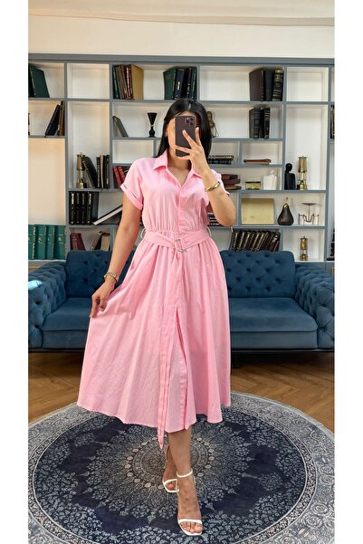 Nida Boutique Yarım Kol Kuşaklı Düğmeli Gömlek Yaka Yarım Astarlı Keten Elbise