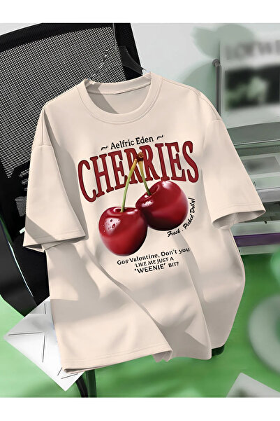 COHERENT Μπλουζάκι Unisex Ανδρικό/Γυναικείο CHERRY Προσαρμοσμένο εμπριμέ υπερμεγέθη βαμβακερό μπλουζάκι