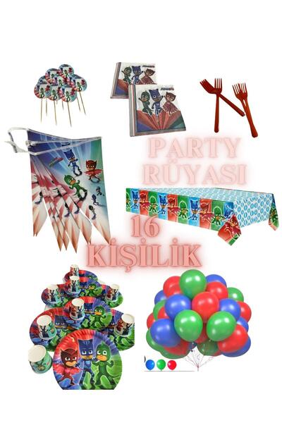 partyrüyası Pj Maskeliler Temalı 16 Kişilik Flamalı Doğum Günü Seti