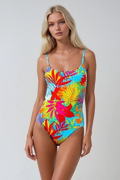Kom Round Necked Removable Sponge Flo Patterned Lightweight Recovery Swimsuit