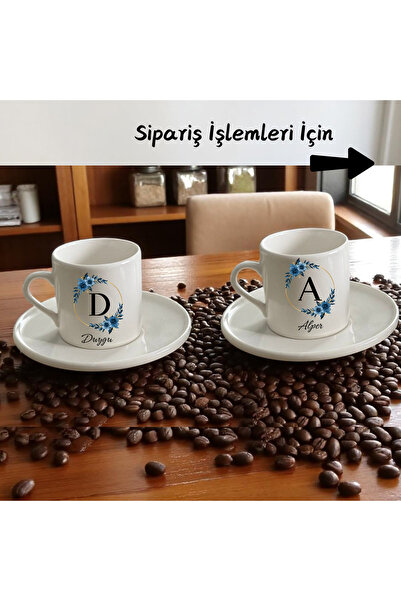 D&Y GAUDERY Porselen Mavi Çiçekli Kahve Fincanı Seti- Kişiye Özel İsimli-a Ka...