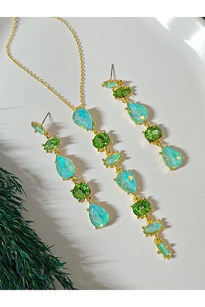 mos&more Green Zircon Stone Y Necklace and Earring Set