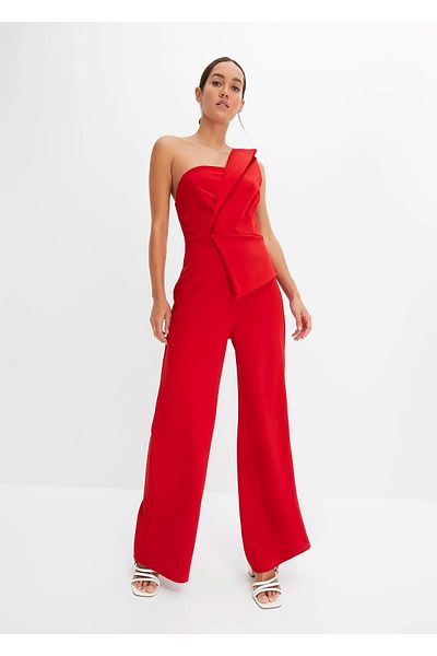 BYŞANS Women's Red, Lycra Crepe Fabric One Shoulder and Waist Detail Jumpsuit 26A37954