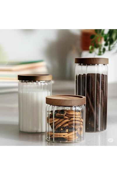 magical dreams Set of 3 Wooden Jars, Glass Borosilicate Glass