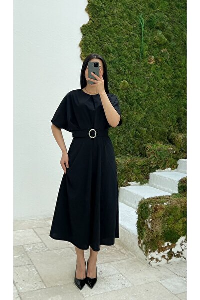 Nida Boutique Bat Sleeve Front Slit Belted Crepe Dress