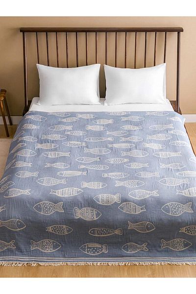 LC Waikiki LCW HOME Cuvertură de pat dublă cu imprimeu pește 200x220 cm (S5)