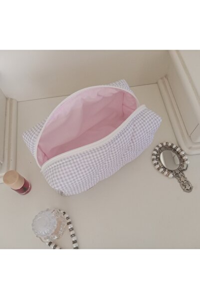 MB Τσάντα μακιγιάζ με μοτίβο τετράγωνης γραμμής-μεγάλο μέγεθος