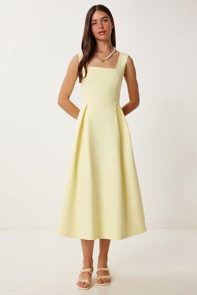 Lovelyİstanbul Rochie midi din țesătură A-Line GALBEN LWF0026