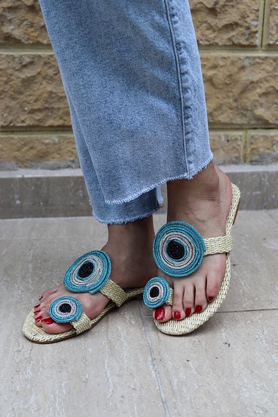 Yula Fashion Shoes Women's Spiral and Evil Eye Bead Detailed Daily Use Slippers