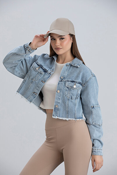 Alos Jachetă de blugi Crop pentru femei, albastră, cu buzunar cu ciucuri, cu buzunar dublu