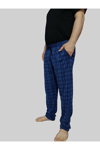 DÜVEN Plus Size Pajama Bottom -Unisex Battal Size Pocketed 100% Cotton Checkered Plaid Single Bottom Pajama-Indigo