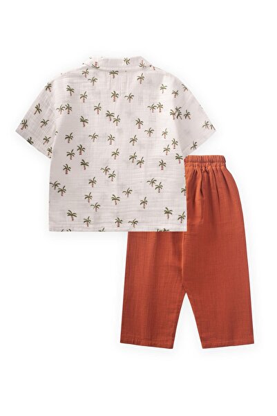 Cigit Palm Patterned Shirt Set 2-10 Years Ecru