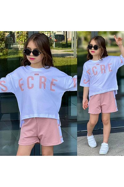 sinmm Secret Printed T-Shirt Set with Snap Detail for Girls with Shorts