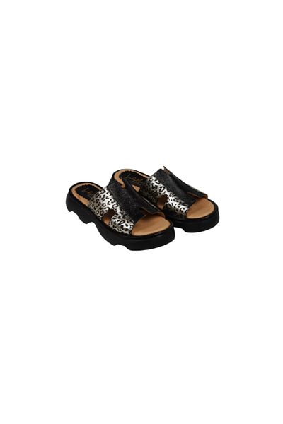Lady Mia Nell Genuine Leather Black Gold Leopard Patterned Women's Slippers