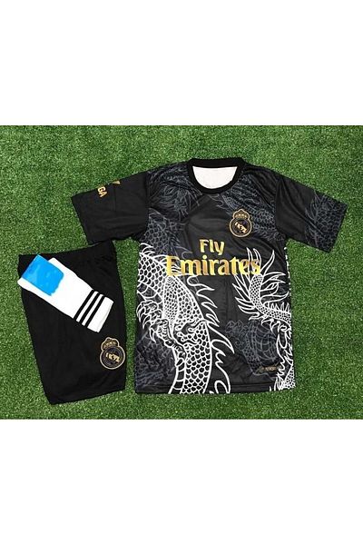 DAYIBALI DÜKKAN Dayibali Rm 2023/24 Dragon Pattern Ronaldo Black Short Sleeve Kids Jersey Set of 3 (Black)