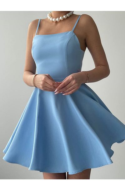 bayansepeti Rochie mini pentru femei, cu bretele reglabile, cu design de legare, albastru bebeluș evazat 362