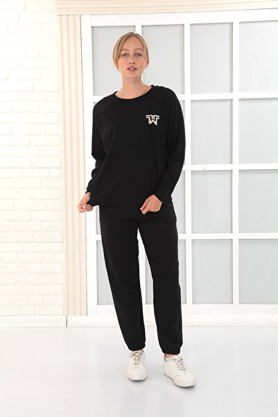 THE WESS Costum casual confortabil pentru femei, cu broderie, cu elastic la p...