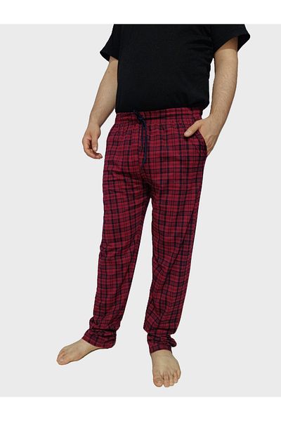 DÜVEN Plus Size Pajama Bottom - Unisex Oversize Size with Pocket 100% Cotton Checkered Plaid Single Bottom Pajama-Bordo