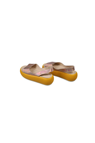 Lady Mia Abelia Beige Hologram Print Genuine Leather Women's Thick Sole Sandals